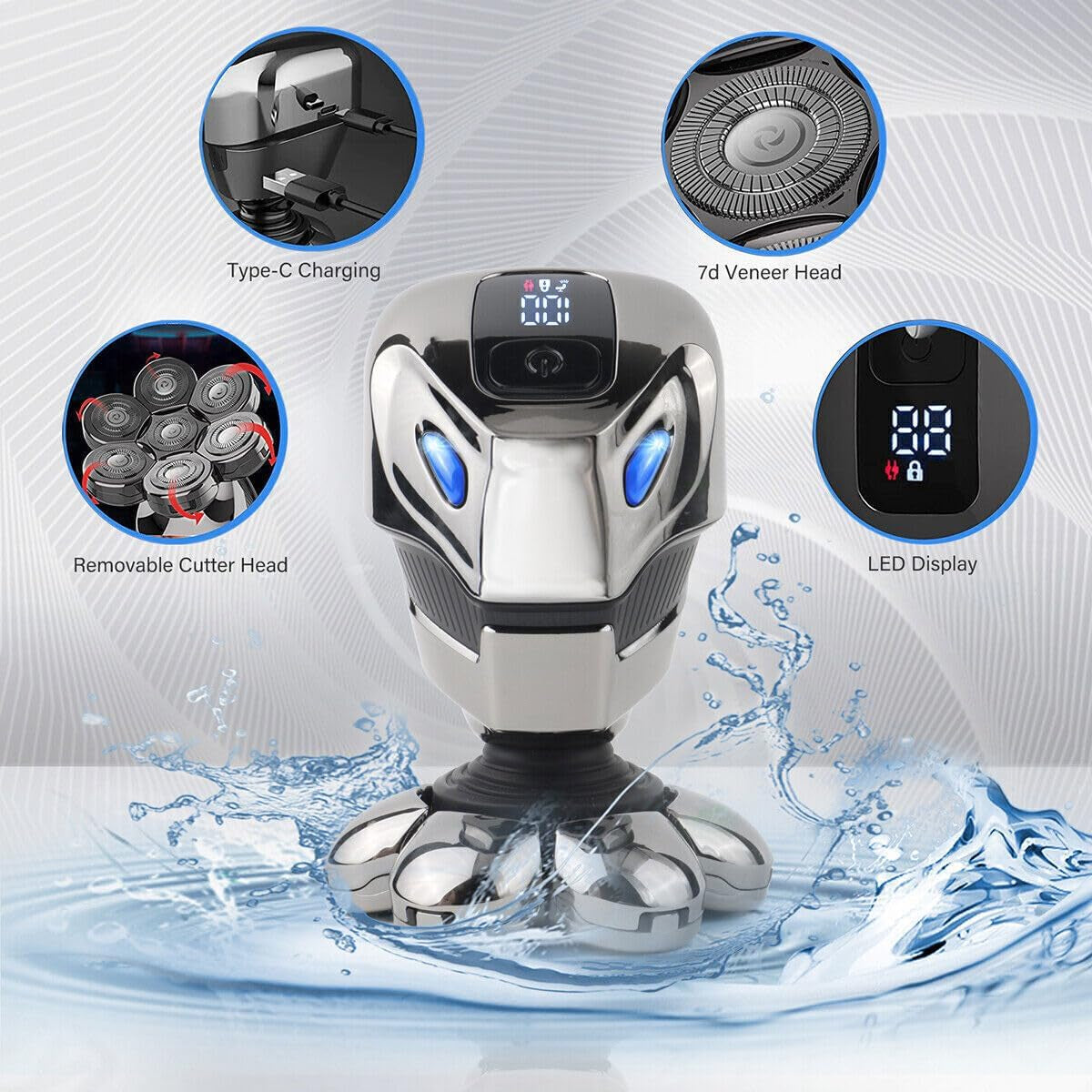 Head Shaver - 5 in 1 Electric Head Shaver Razor for Men with Digital Display Detachable Beard & Nose Trimmer, IPX7 Waterproof Men'S Grooming Kit, Cordless Rechargeable Electric Razor