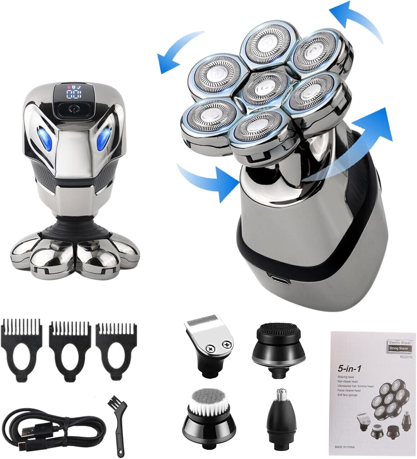 Head Shaver - 5 in 1 Electric Head Shaver Razor for Men with Digital Display Detachable Beard & Nose Trimmer, IPX7 Waterproof Men'S Grooming Kit, Cordless Rechargeable Electric Razor